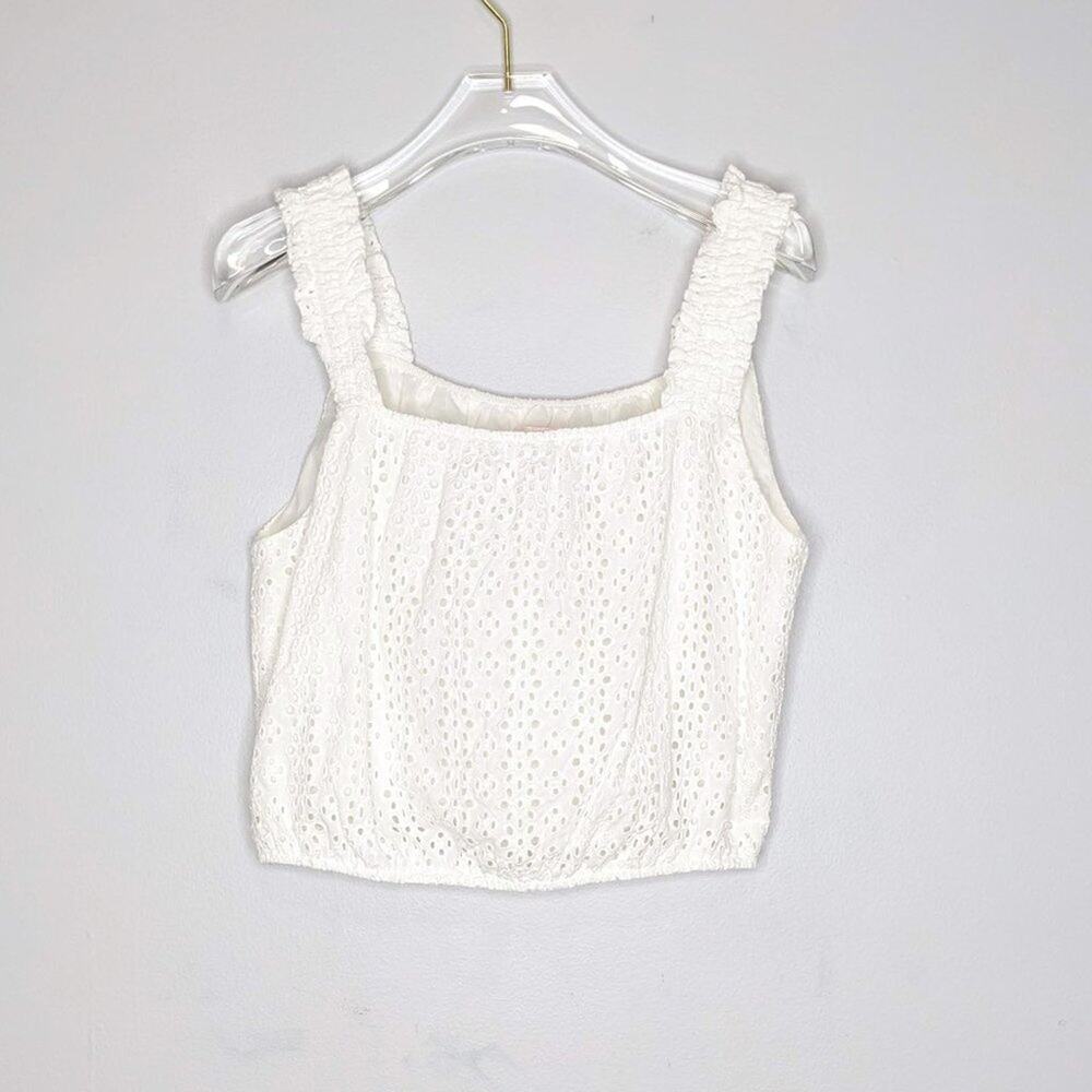Leyden White Eyelet Cropped Tank Top Elastic Waist And Straps Square Neck
